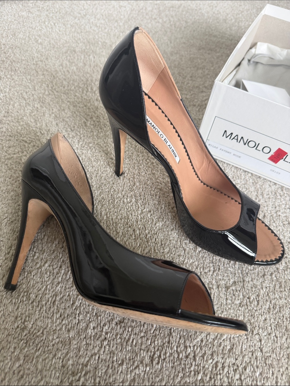 Manolo Blahnik Black Patent Leather Peep-Toe Stilettos with Nude Lining